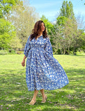 Elegant Block print Midi Dress stitched to be your next comfy dress this Summer in Rich Blue White Spring Dream LoveBlue White Spring Dream Love