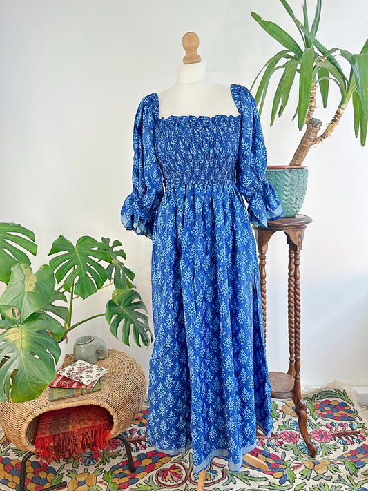 Midi Paisley Denim Blue Floral Silk Blend Dress Colourful Summer Elegant Comfy Wedding High Tea Daywear Casual | Mommy Girly Chic Boho