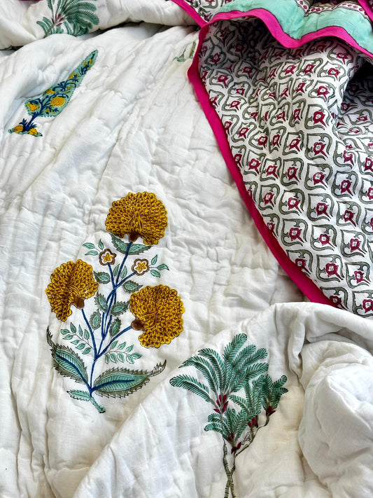 Quilted Pure Cotton Reversible Bed Throw – King Size Summer Indian Handmade Quilt with Floral Yellow Marigold Print