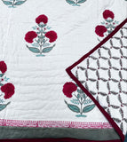 Quilted Pure Cotton Reversible Bed Throw – King Size Summer Indian Handmade Quilt with Floral Red Marigold Print