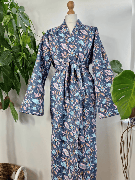 Quilted Unisex Cotton Reversible Long Winter Dressing Kimono Robe Boho Block-White Aqua Green Persian Blue Lotus