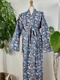 Quilted Unisex Cotton Reversible Long Winter Dressing Kimono Robe Boho Block-White Aqua Green Persian Blue Lotus