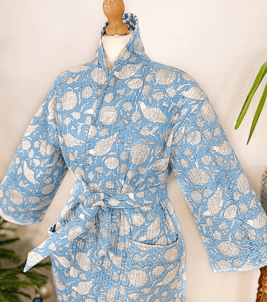 Quilted Unisex Cotton Reversible Long Winter Dressing Kimono Robe Boho Block-Floral Blossom Sky Blue Pheasant
