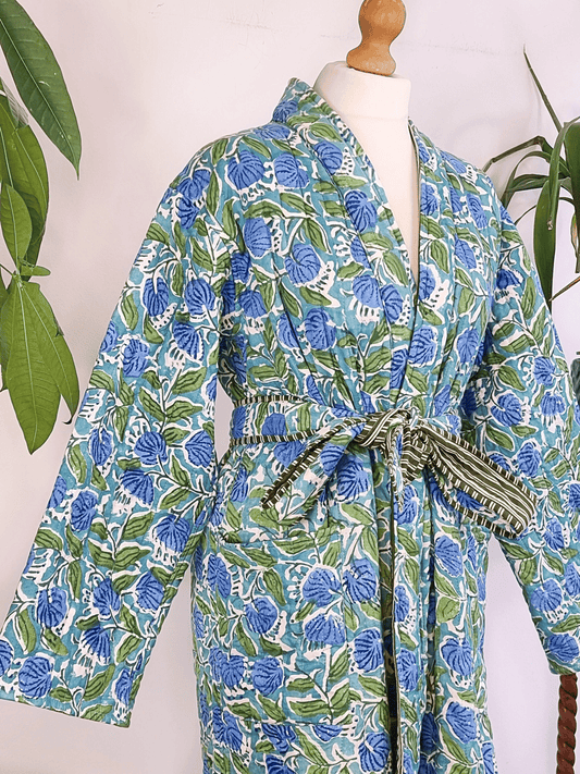 Quilted Unisex Cotton Reversible Long Winter Dressing Kimono Robe Boho Block-Blue Aqua Green Olive Stripe Bloom