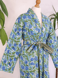 Quilted Unisex Cotton Reversible Long Winter Dressing Kimono Robe Boho Block-Blue Aqua Green Olive Stripe Bloom