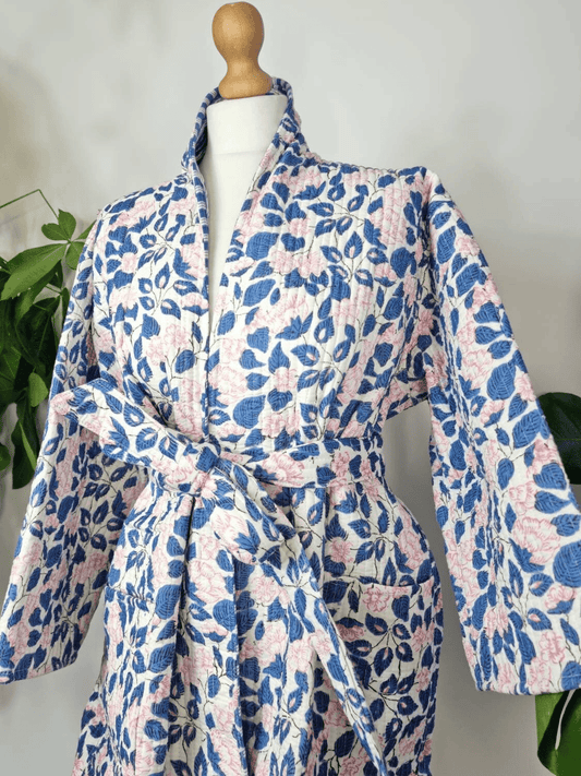 Quilted Unisex Cotton Reversible Long Winter Dressing Kimono Robe Boho Block-Blockprint Pastel White Blue Pink