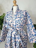 Quilted Unisex Cotton Reversible Long Winter Dressing Kimono Robe Boho Block-Blockprint Pastel White Blue Pink