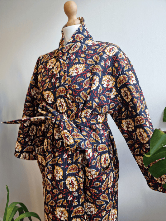 Quilted Unisex Cotton Reversible Long Winter Dressing Kimono Robe Boho Block-Black Yellow Mustard Paisley Floral Bloom