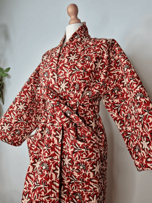 Quilted Unisex Cotton Reversible Long Winter Dressing Kimono Robe Boho Block-Pastel Rust Red Mughal Garden Stripe Christmas Vibe
