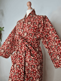 Quilted Unisex Cotton Reversible Long Winter Dressing Kimono Robe Boho Block-Pastel Rust Red Mughal Garden Stripe Christmas Vibe