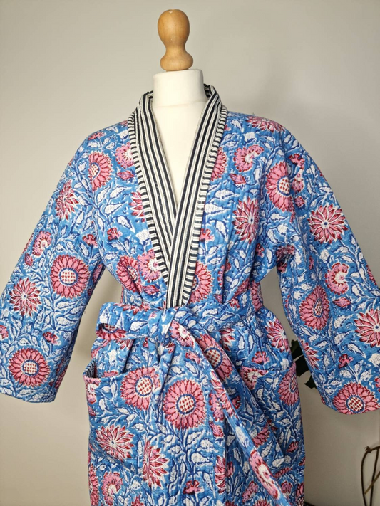 Quilted Unisex Cotton Reversible Long Winter Dressing Kimono Robe Boho