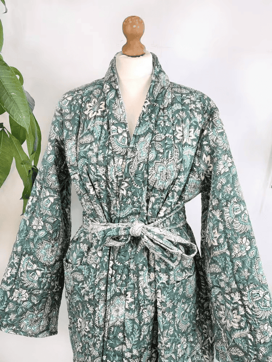 Quilted Unisex Cotton Reversible Long Winter Dressing Kimono Robe Boho Block-Moss Green Hue Grey Garden