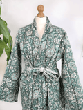 Quilted Unisex Cotton Reversible Long Winter Dressing Kimono Robe Boho Block-Moss Green Hue Grey Garden