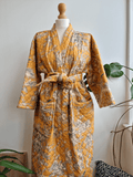 Quilted Unisex Cotton Reversible Long Winter Dressing Kimono Robe Boho Block-Mustard Beige Oriental Olive Green Stripe