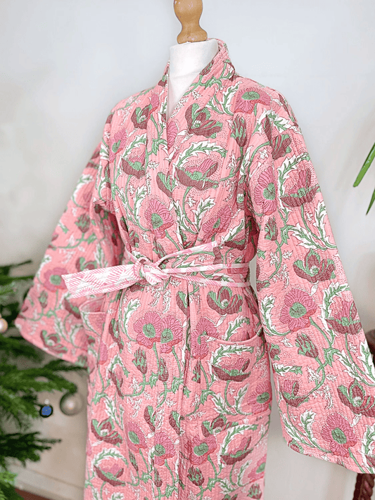 Quilted Unisex Cotton Reversible Long Winter Dressing Kimono Robe Boho Block-Pastel Peach Pink Bloom
