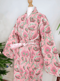Quilted Unisex Cotton Reversible Long Winter Dressing Kimono Robe Boho Block-Pastel Peach Pink Bloom