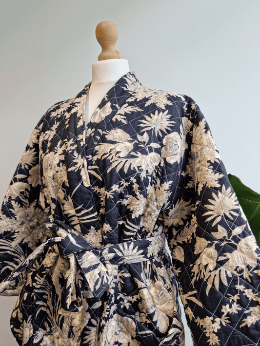 Quilted Unisex Cotton Reversible Long Winter Dressing Kimono Robe Boho Block-Monochrome Black Beige Oriental Stripe