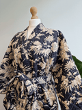 Quilted Unisex Cotton Reversible Long Winter Dressing Kimono Robe Boho Block-Monochrome Black Beige Oriental Stripe