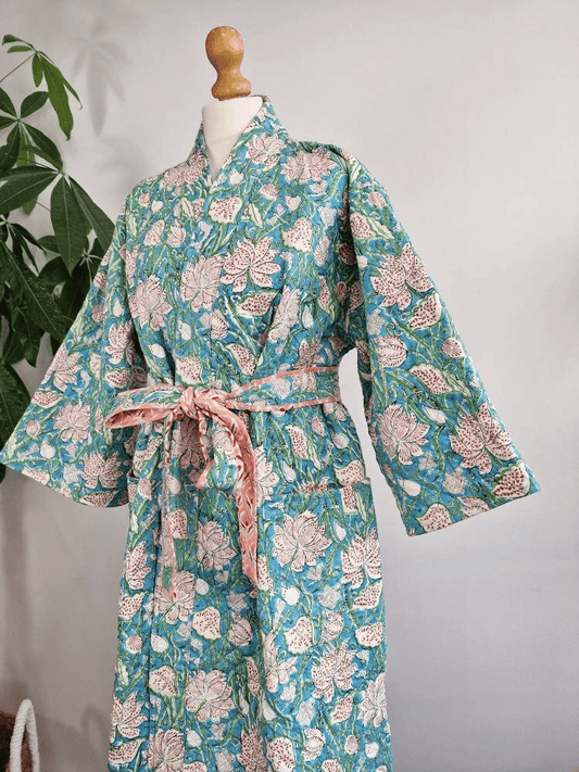 Quilted Unisex Cotton Reversible Long Winter Dressing Kimono Robe Boho Block-Sky blue red floral design