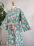 Quilted Unisex Cotton Reversible Long Winter Dressing Kimono Robe Boho Block-Sky blue red floral design