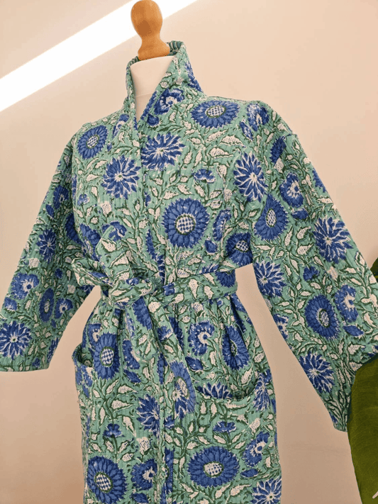 Quilted Unisex Cotton Reversible Long Winter Dressing Kimono Robe Boho Block-Floral Blossom Green Blue Stripe
