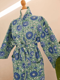 Quilted Unisex Cotton Reversible Long Winter Dressing Kimono Robe Boho Block-Floral Blossom Green Blue Stripe