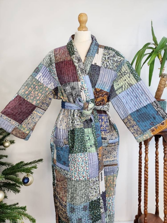 Quilted Unisex Silk bath robe Blockprint Steel Grey Blue Mughal Bloom