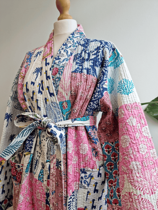 Quilted Unisex Cotton Reversible Long Winter Dressing Kimono Robe Boho Block-Pastel White Blue Green Pink Patchwork
