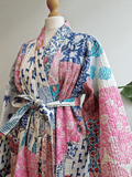 Quilted Unisex Cotton Reversible Long Winter Dressing Kimono Robe Boho Block-Pastel White Blue Green Pink Patchwork