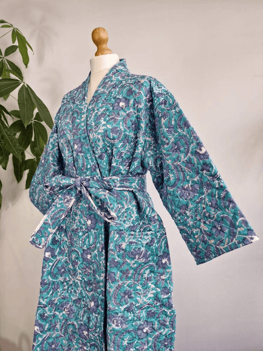 Quilted Unisex Cotton Reversible Long Winter Dressing Kimono Robe Boho Block-Blockprint Classic White Purple Aqua Paisley Ocean Green