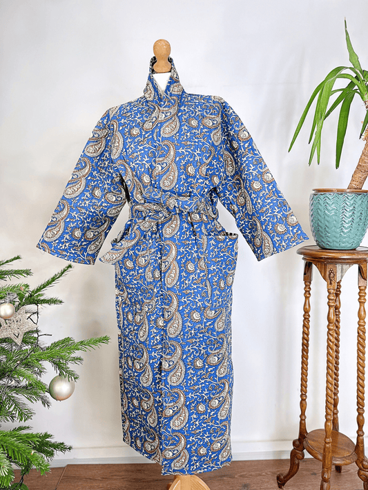 Quilted Unisex Cotton Reversible Long Winter Dressing Kimono Robe Boho Block-Classic Blue Beige Paisley Swirl Garden Stripe