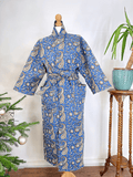 Quilted Unisex Cotton Reversible Long Winter Dressing Kimono Robe Boho Block-Classic Blue Beige Paisley Swirl Garden Stripe