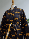 Quilted Unisex Cotton Reversible Long Winter Dressing Kimono Robe Boho Block-Black Leopard Ikat Yellow