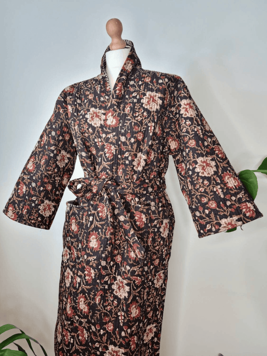 Quilted Unisex Cotton Reversible Long Winter Dressing Kimono Robe Boho Block-Black Beige Red Mughal Garden Stripe