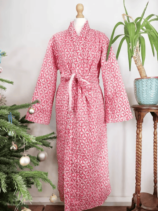 Quilted Unisex Cotton Reversible Long Winter Dressing Kimono Robe Boho Block-Pink White Geometric Mandala Floral