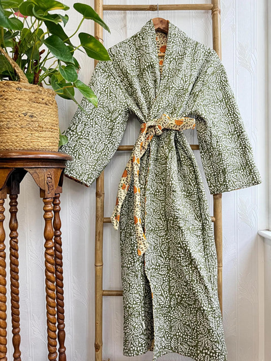 Quilted Unisex Cotton Reversible Long Winter Dressing Kimono Robe Boho Blockprint Classic Marigold Yellow Bloom Green Leaves