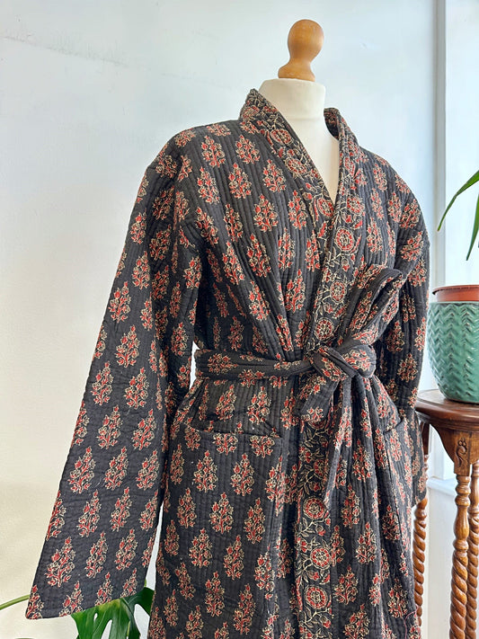 Quilted Unisex Cotton Reversible Long Winter Dressing Kimono Robe Boho Block-print Classic Black Red Mughal Motif Stripe Christmas Love Gift