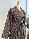 Quilted Unisex Cotton Reversible Long Winter Dressing Kimono Robe Boho Block-print Classic Black Red Mughal Motif Stripe Christmas Love Gift