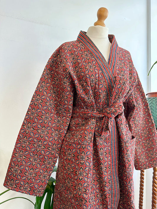 Quilted Unisex Cotton Reversible Long Winter Dressing Kimono Robe Boho Block-print Deep Red Mughal Motif Stripe Christmas Love Gift