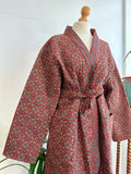 Quilted Unisex Cotton Reversible Long Winter Dressing Kimono Robe Boho Block-print Deep Red Mughal Motif Stripe Christmas Love Gift