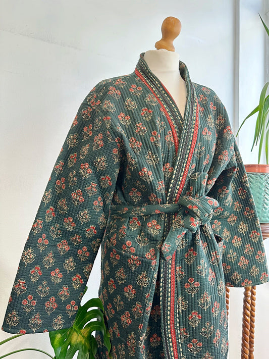 Quilted Unisex Cotton Reversible Long Winter Dressing Kimono Robe Boho Block-print Classic Emerald Red Mughal Motif Stripe Christmas Love Gift