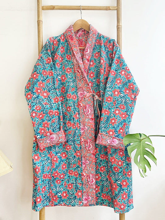 Cotton quilted open jacket with dori Peach Turquoise Mughal Floral Botanical