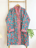 Cotton quilted open jacket with dori Peach Turquoise Mughal Floral Botanical