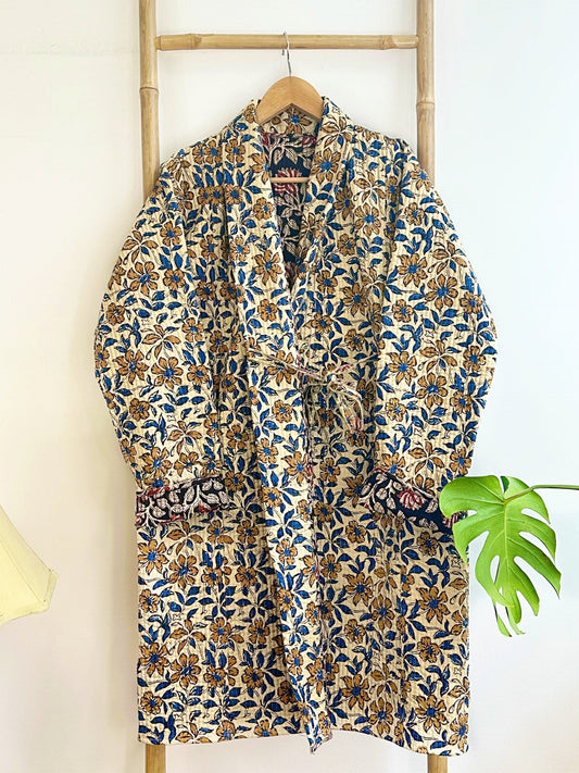 Cotton quilted open jacket with dori Bagru Beige Blue Black Lotus Mughal Floral