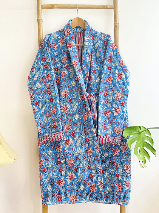 Cotton quilted open jacket with dori Blue Red White Mughal Floral
