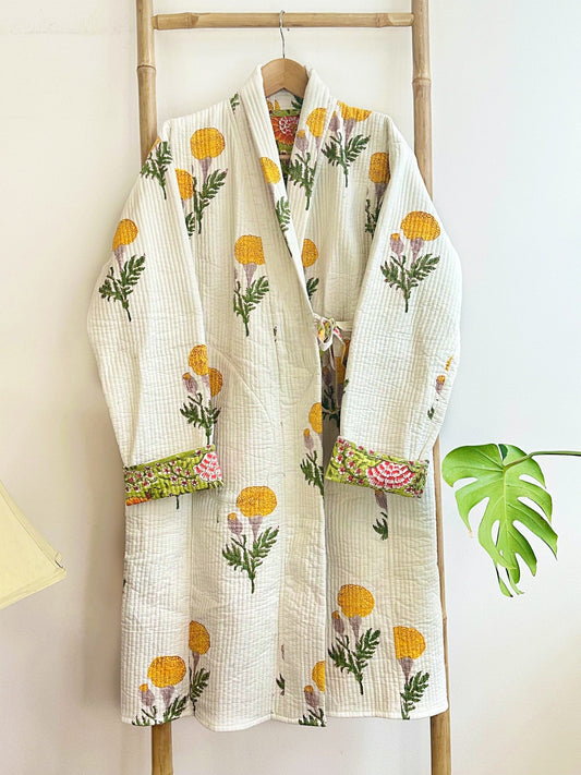 Cotton quilted open jacket with dori White Green Mughal Motif Marigold Gardenia Country