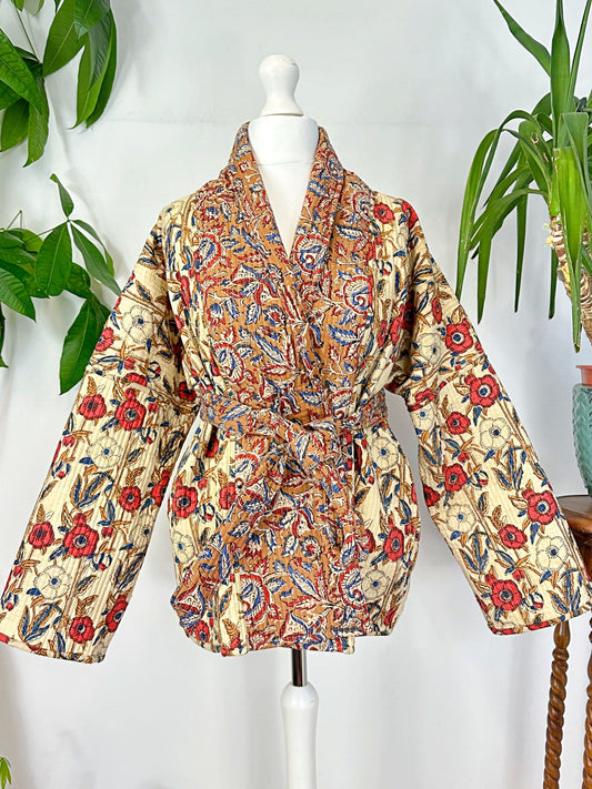 Cotton quilted open jacket  Blue Red Cream Botanical