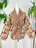 Cotton quilted open jacket  Blue Red Cream Botanical