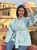 Cotton quilted open jacket Pastel Slated Aqua Mughal Motif