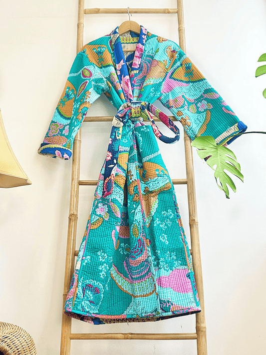 Quilted Unisex Cotton Reversible Long Winter Dressing Kimono Robe Boho Block-Quirky Blue Aqua Cosy